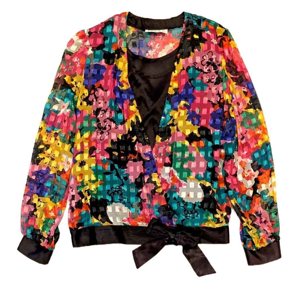 Vintage 80s Teddi Sheer Black Floral Faux Wrap Blouse Attached Satin Cami Size S